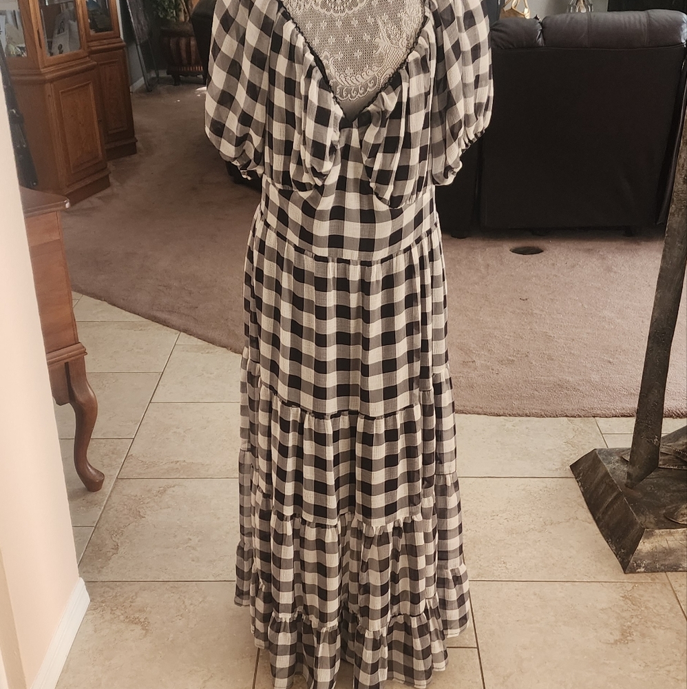 Ashley Stewart Black and White Tiered Ruffled Maxi Dress